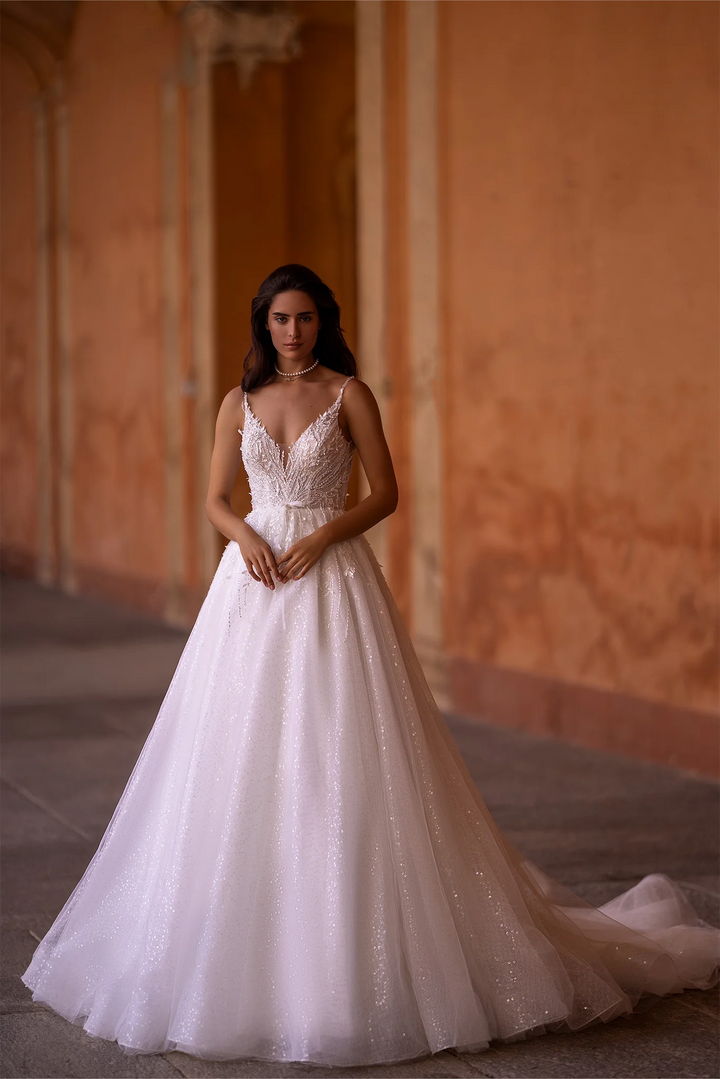 Ivory A-Line Wedding Dress with V-Neck – Wedding Gown Open Back Lace - Wedding Dress Corset with Pearl Beading Plus Size