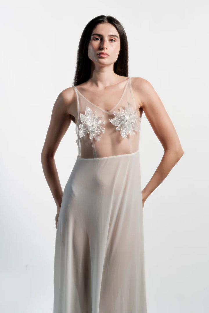 Ethereal Ivory Floral Embellished Night Gown