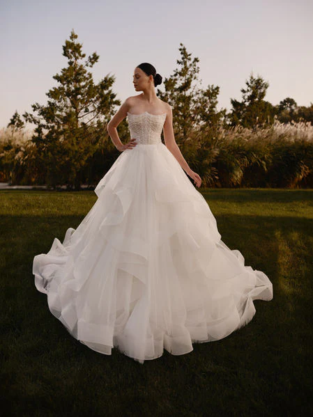 Tiered Bridal Gown  with Beaded Corset and Pearl Embroidery – Strapless Wedding Dress - Wedding Dress Corset with Pearl Beading Plus Size - Diana