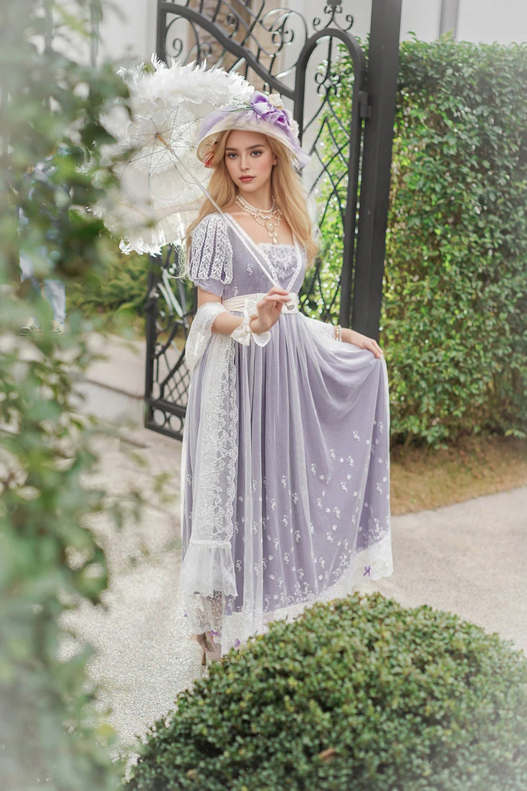 Regency Era Purple Lace Dress Embroidered Empire Waist Ball Gown Plus Size