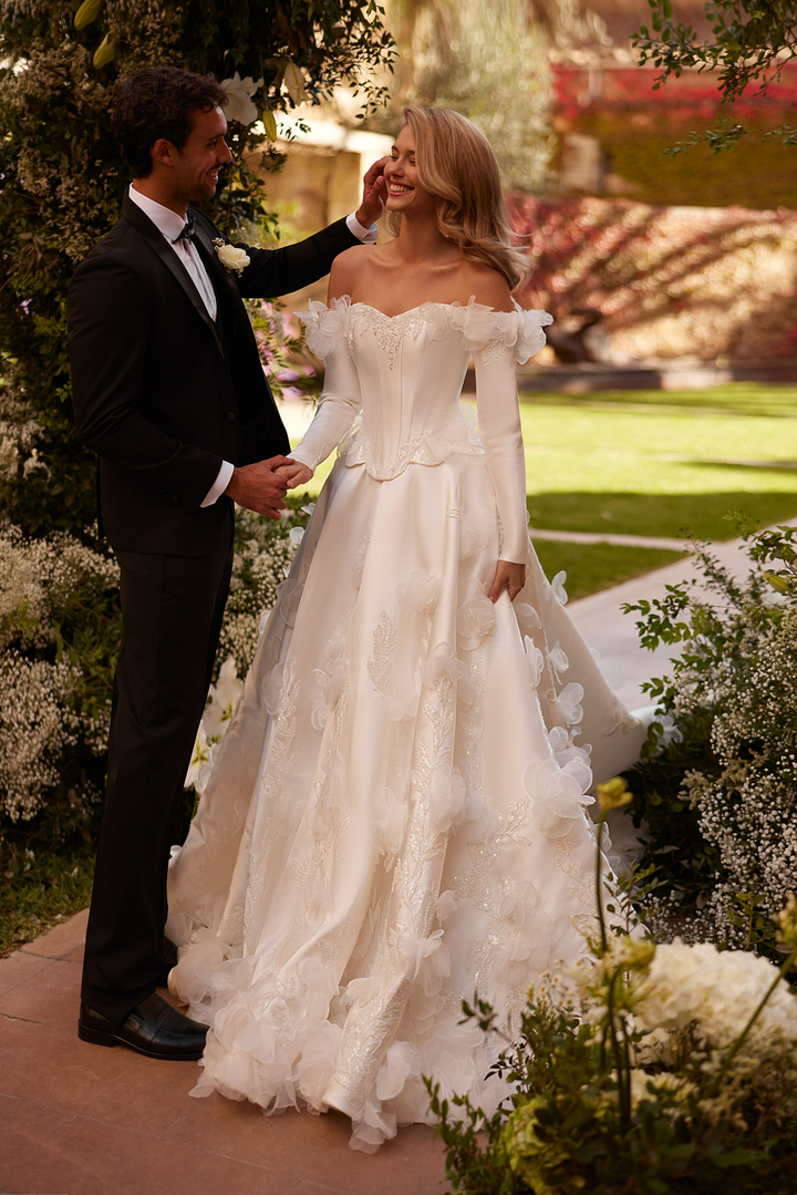 Ivory Off Shoulder Wedding Dress with Corset Bodice – Floral Wedding Dress with Long Sleeves and Ball Gown Skirt Plus Size