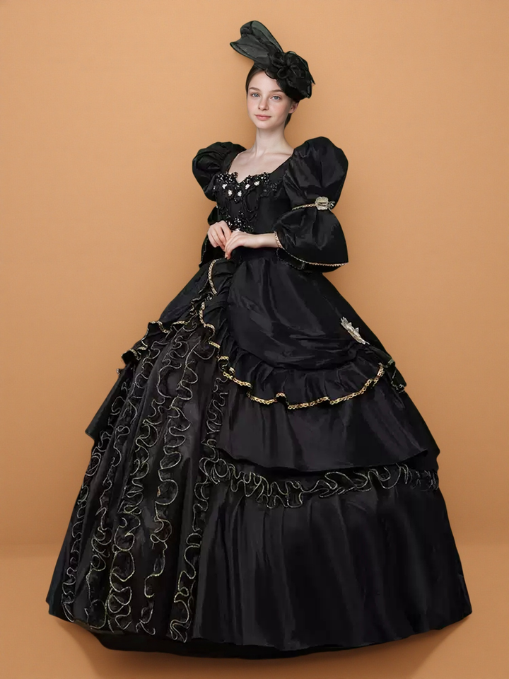 Gothic Black Rococo Ball Gown with Puff Sleeves – Vintage Lace Evening Dress with Gold Trim