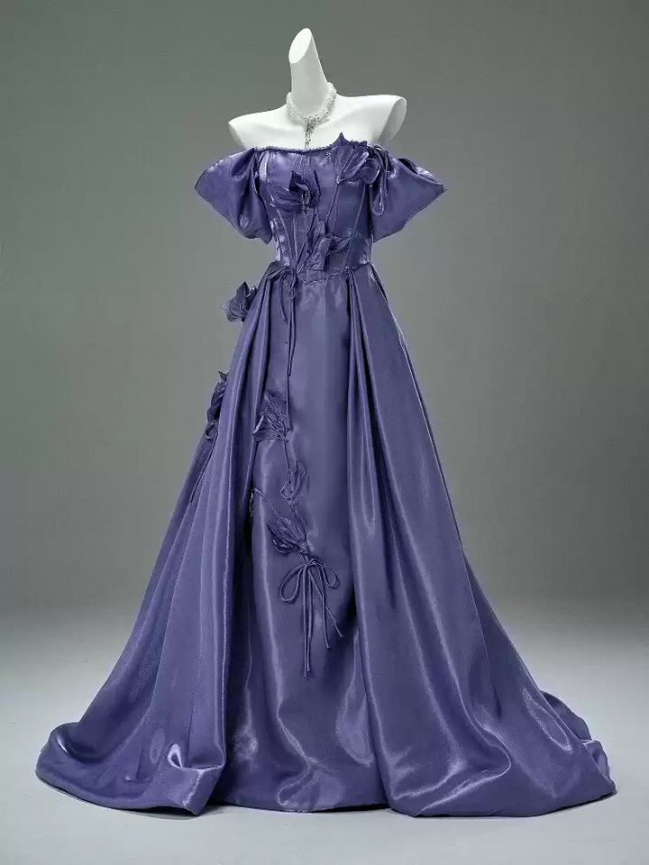 Purple Off the Shoulder Evening Dress with Floral Appliqué – Satin Evening Gown with Lace-Up Back Plus Size