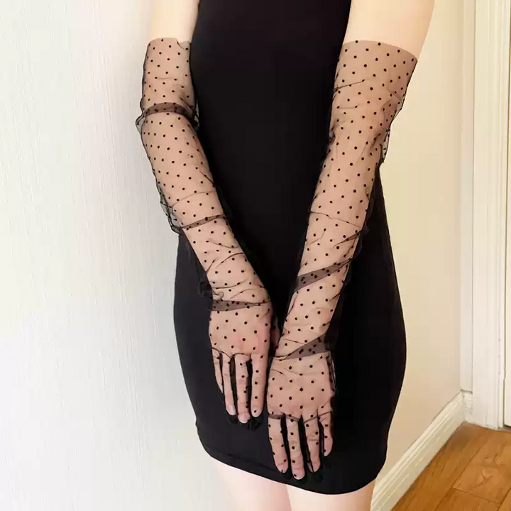 Chic Black Polka-Dot Mesh Long Gloves - Black Evening Gloves