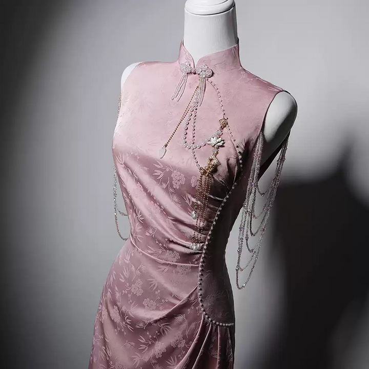 Pink Cheongsam Dress with Embellished Shoulder Chains – Elegant Sleeveless Qipao with High Collar and Side Draping Custom Order Plus Size