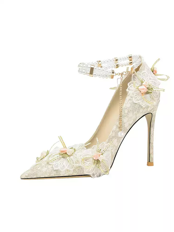 Lolita Floral Pearl-Embellished Pointed-Toe Heels for Bridal