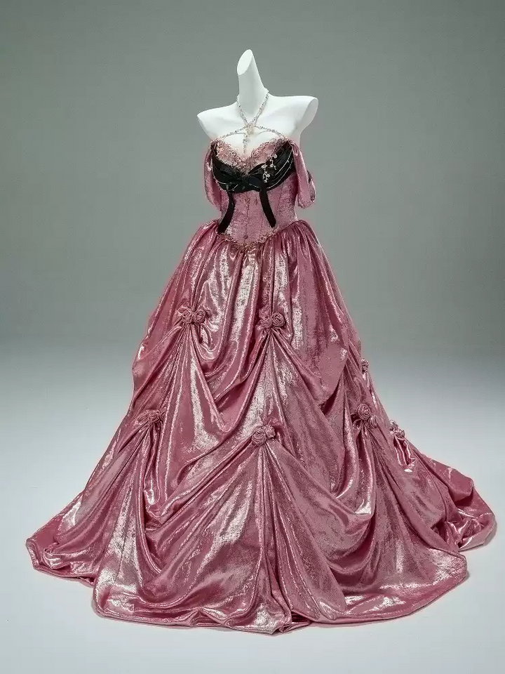 Prom Dress Pink Ball Gown with Draped Skirt – Pink Tulle Ball Gown with Black Velvet Bow and Corset Bodice Plus Size