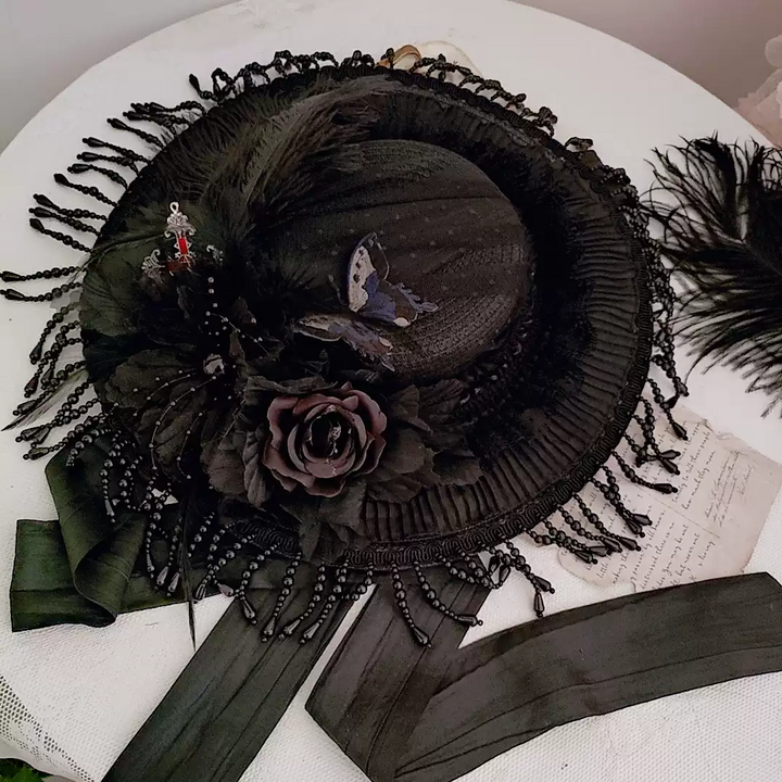 Gothic Black Hat with Dark Elegance - Luxurious Women's Gothic Hat