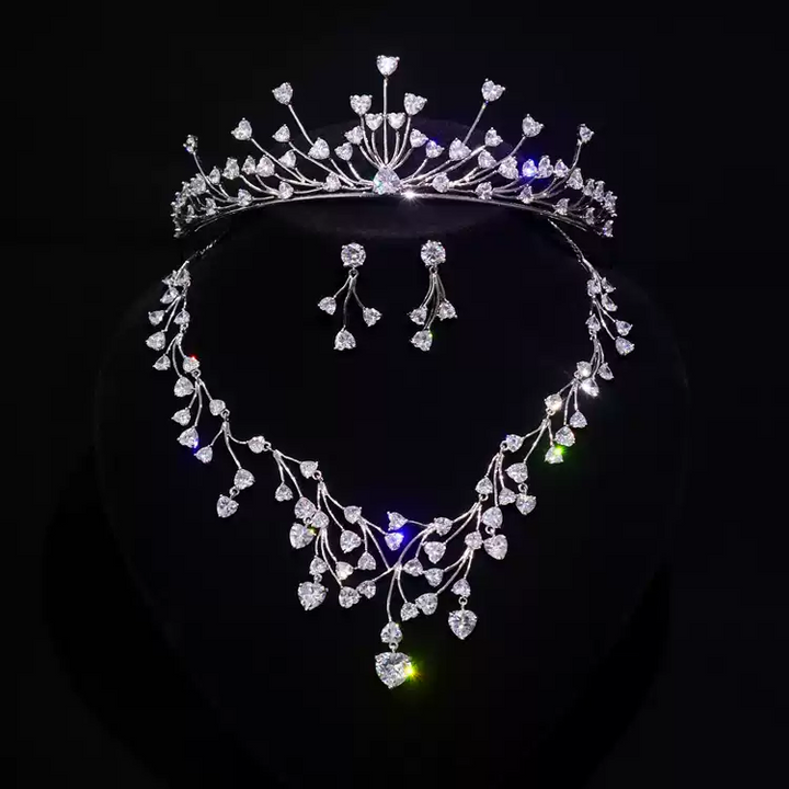 Vintage Inspired Zircon Bridal Crown - Bridal Necklace and Earrings Set