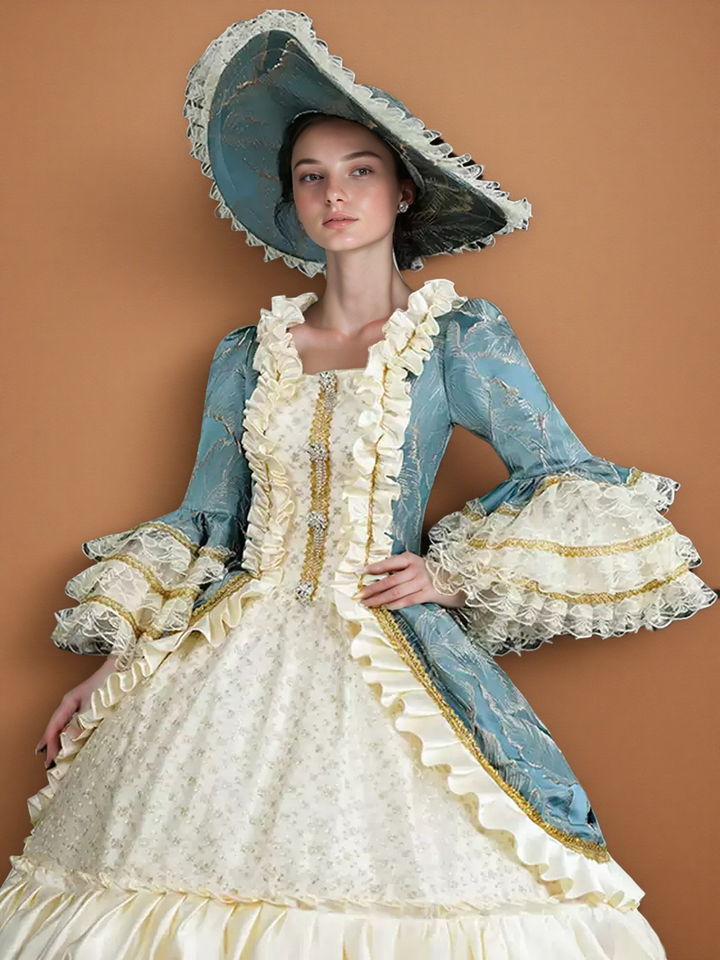 Marie Antoinette Rococo Ball Gown in Powder Blue and Ivory with Lace Bell Sleeves – Baroque Wedding Dress Plus Size