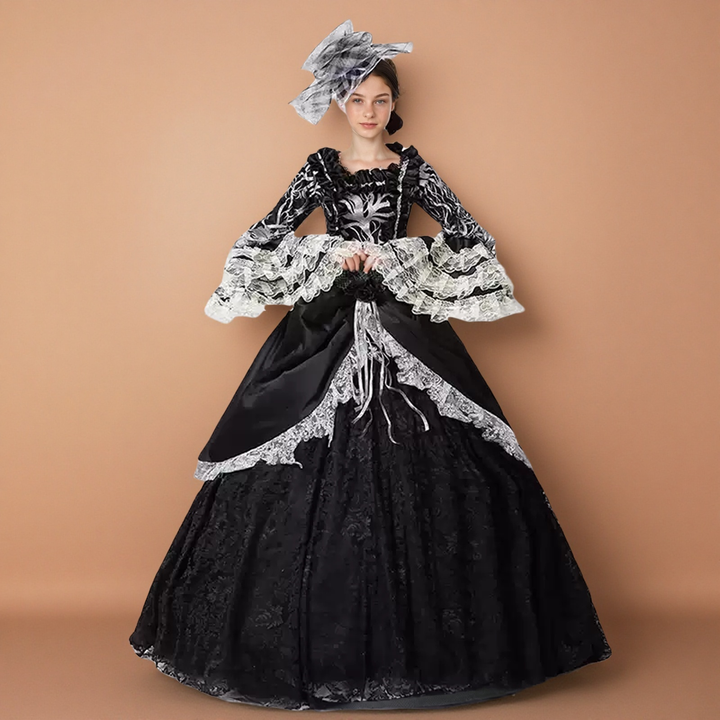 Rococo Black Ball Gown with Lace Bell Sleeves – Baroque Victorian Formal Dress Plus Size