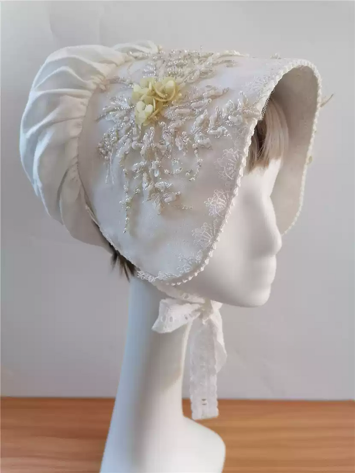 Elegant White Lolita Hat with Floral Embellishments - Lolita Style Floral Hat