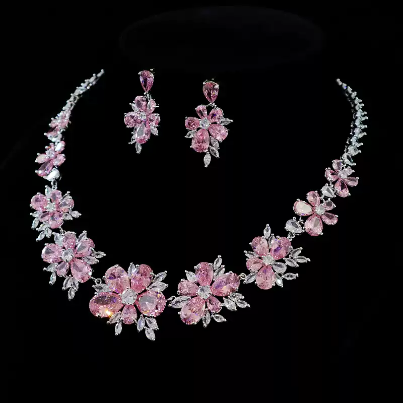 Vintage-Inspired Pink Floral Necklace - Diamond Necklace and Earring Jewelry Set