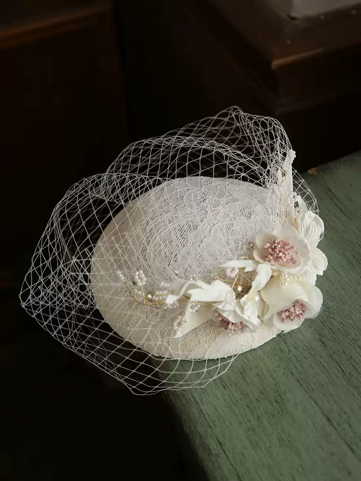 Vintage-Inspired Bridal White Fascinator Hat with Veil - White Wedding Hats