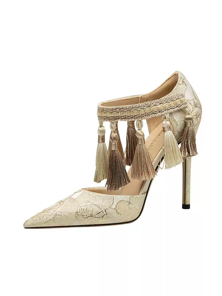 Elegant Beigi Embroidered Tassel Stiletto Heels with Pointed Toe Design