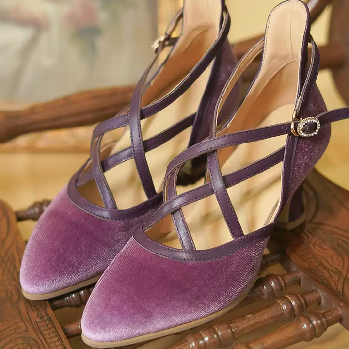 "Violet Waltz" – Handmade Velvet Cross-Strap Vintage Heeled Sandals