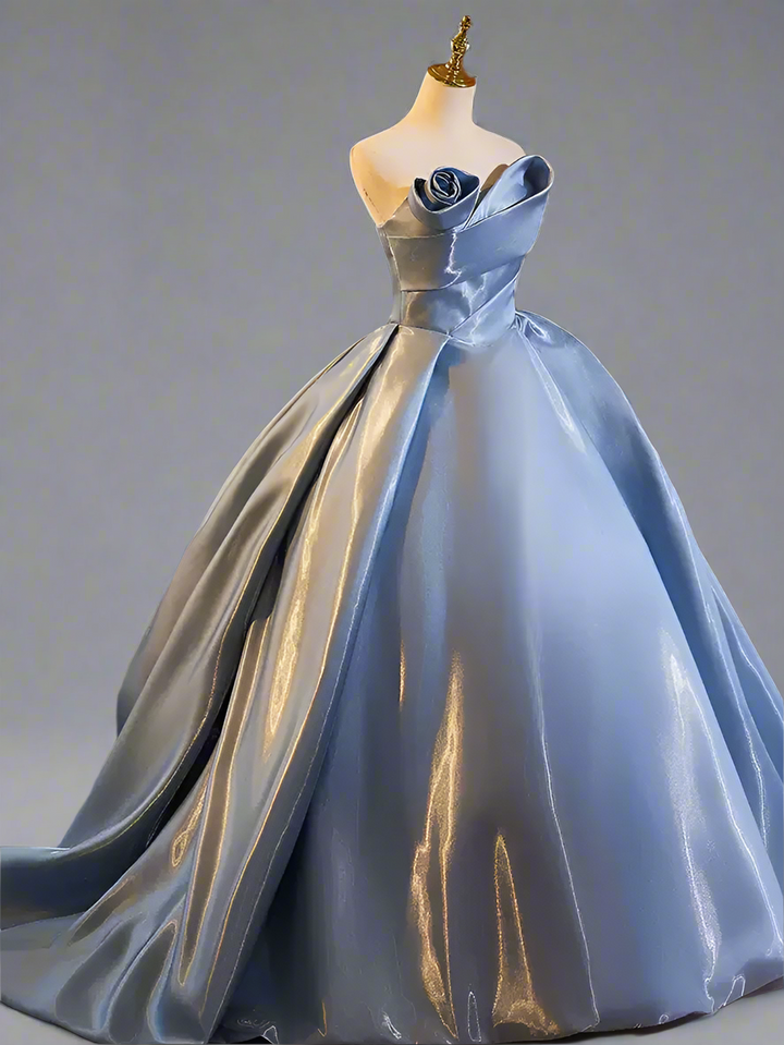 Blue Ball Gown with Corset Back - Satin Wedding Dress with Flower Accessories -  Strapless Corset Wedding Dress Plus Size