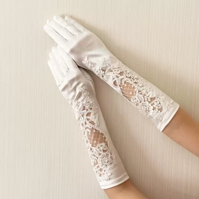 White Elegance Floral Lace Bridal Gloves - Luxurious Satin Wedding Gloves