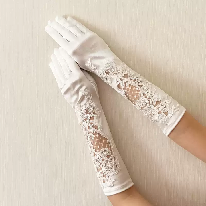 White Elegance Floral Lace Bridal Gloves - Luxurious Satin Wedding Gloves