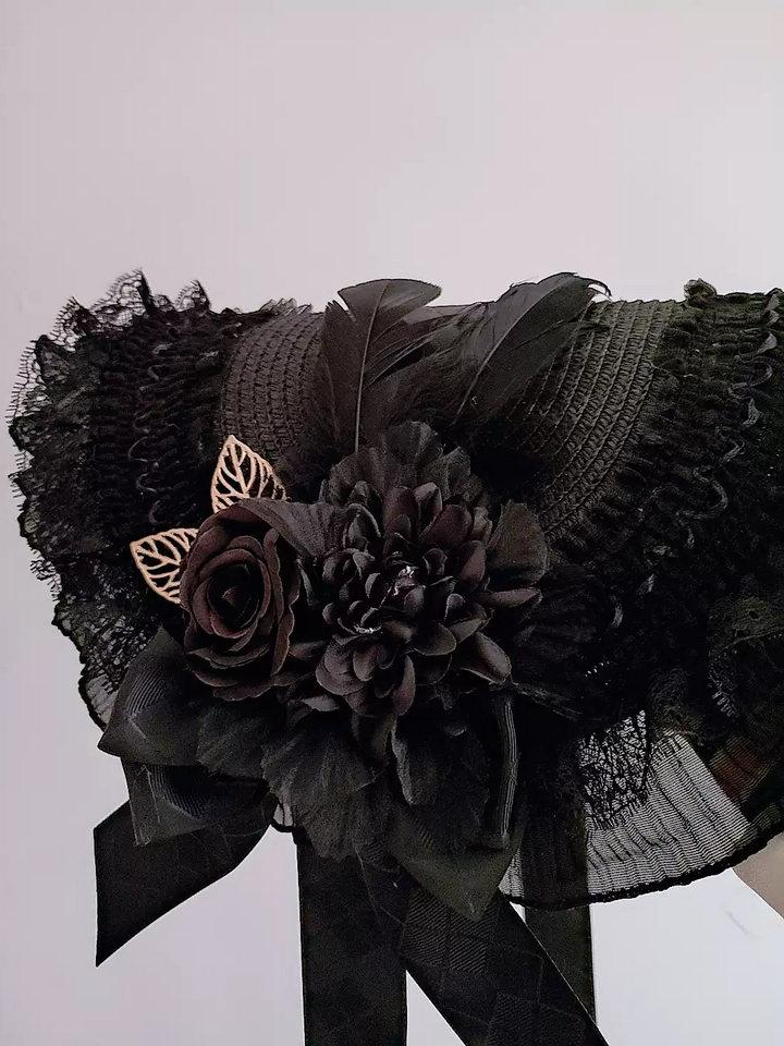 Gothic Black Hat with Floral Embellished - Black Lolita Hat with Lace Embellished