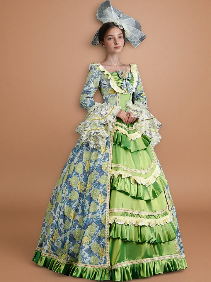 Marie Antoinette Rococo Style Dress in Green and Blue Floral Brocade with Lace Bell Sleeves – Baroque Ball Gown Plus Size