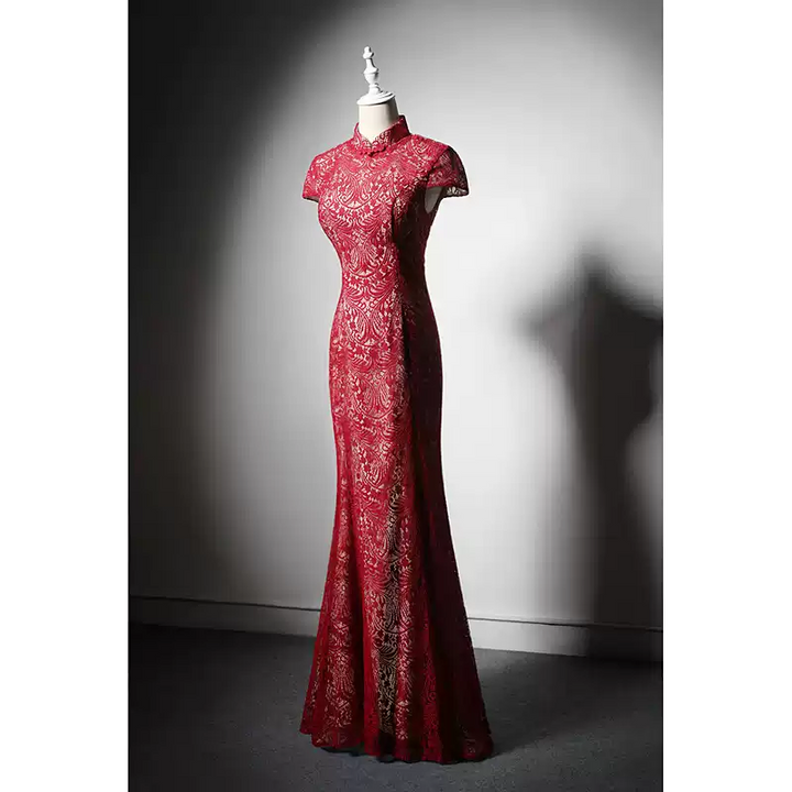 Elegant Red Lace Cheongsam Dress with Floral Embroidery - Formal Evening Gown with Fitted Mermaid Silhouette Plus Size