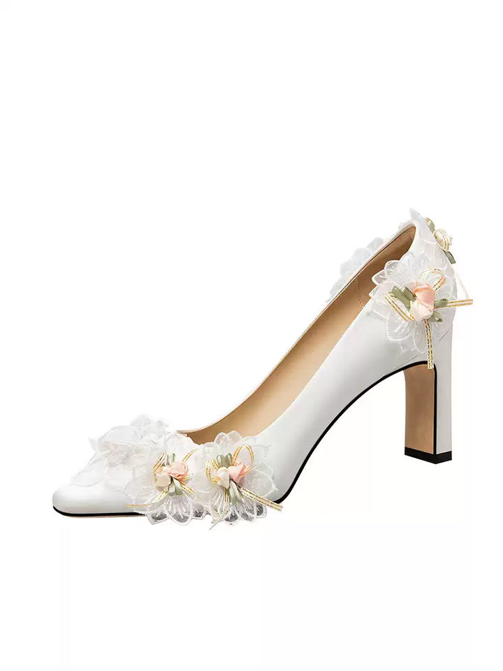 Vintage-Inspired White Bridal Chunky Heels with Floral Appliqués - Comfortable High Heels