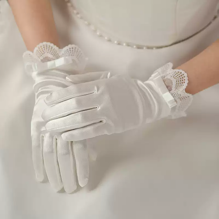 Elegant White Satin Bridal Gloves with Lace Cuffs and Bow Details