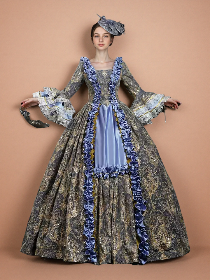 Blue Rococo Court Dress with Ruffles and Satin Panels – 18th Century Marie Antoinette Gown Replica