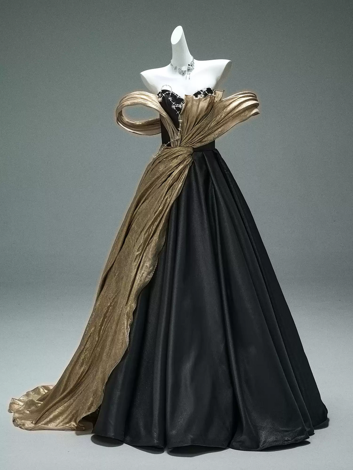 Black and Gold Evening Dress – Off the Shoulder Evening Gown with Draped Satin and Corset Back Plus Size