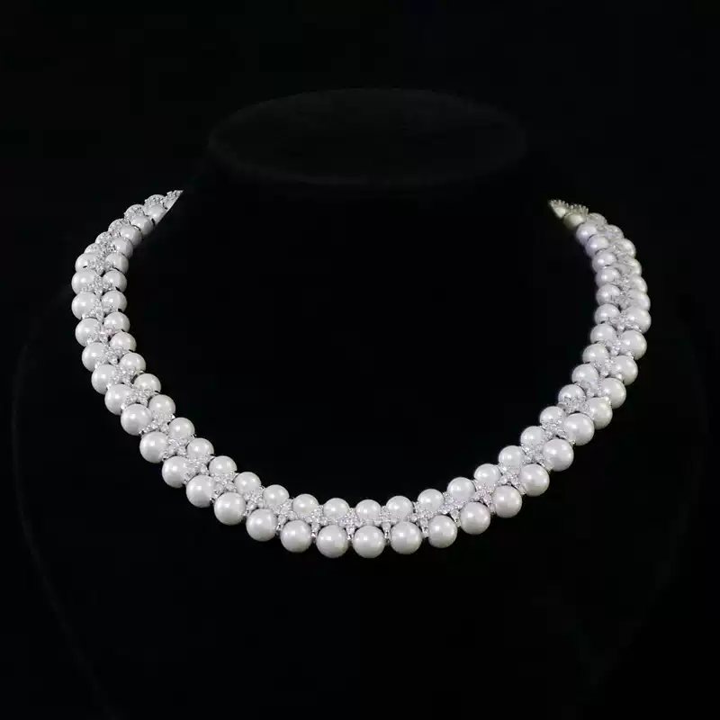 Pearl White Necklace and Bracelet Set with Rhinestone Accents - Jewelry Sets