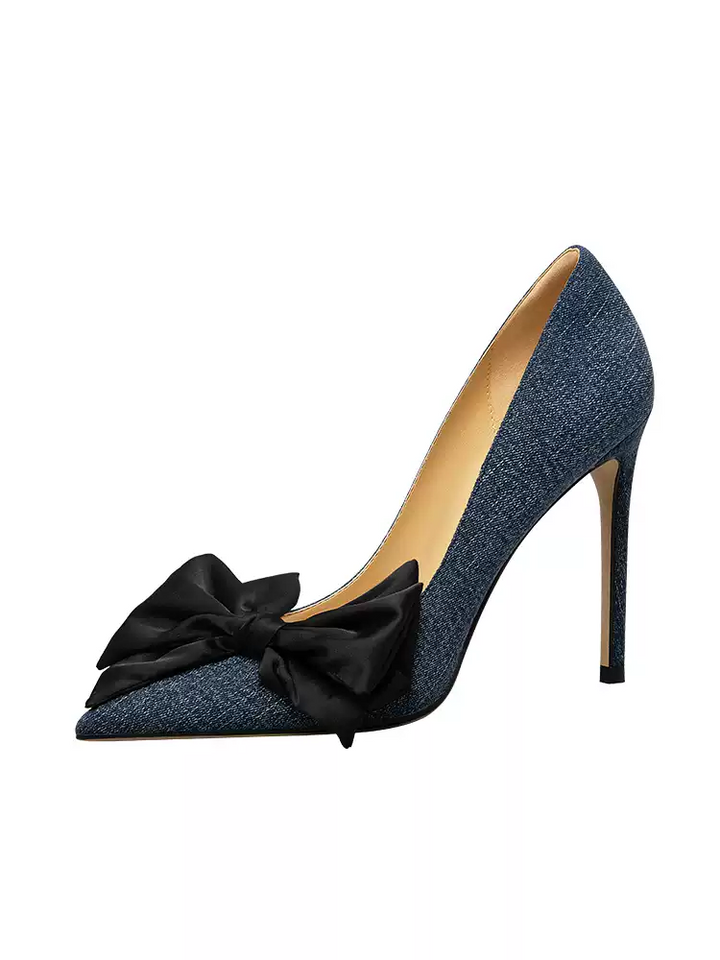 Gothic Deep Blue Denim High Heels with Bow Detail