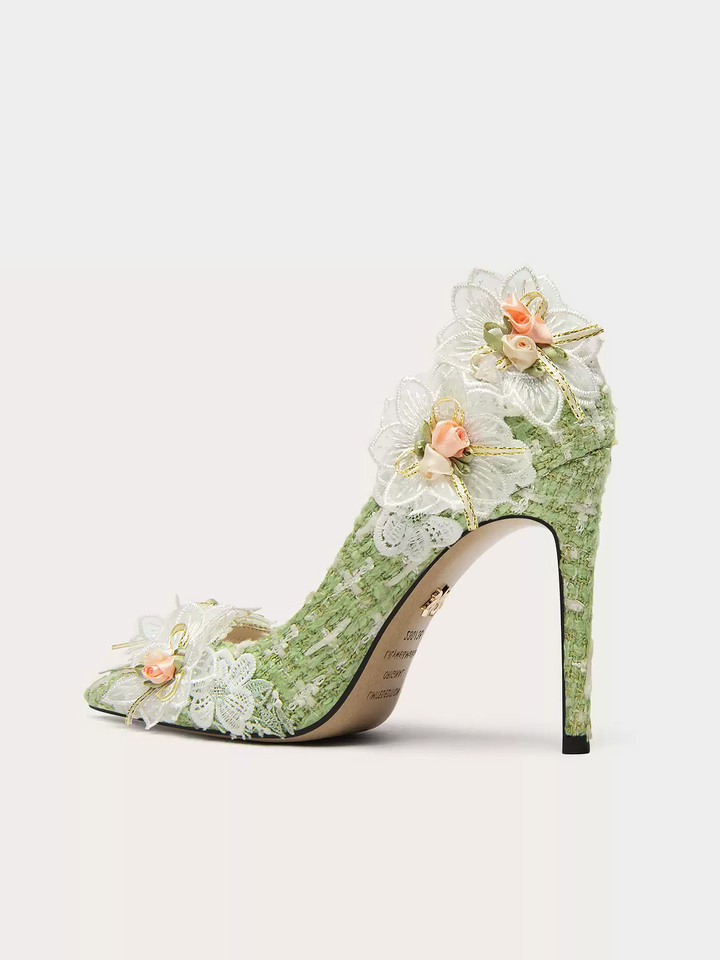 Lolita Vintage Tweed Heels with Floral Embellishments