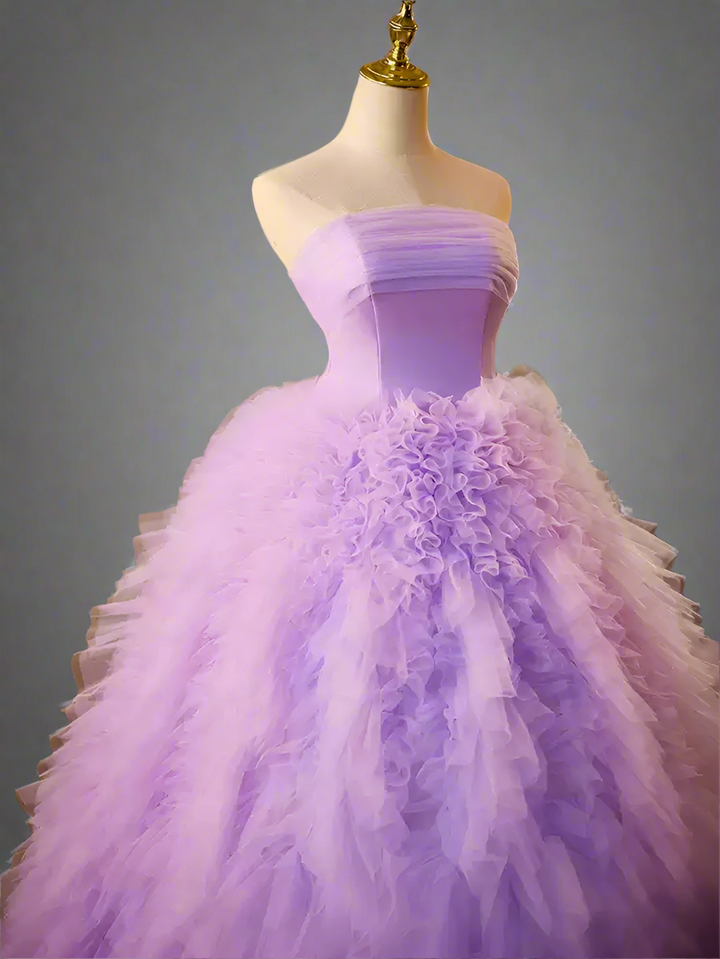 Purple Ball Gown with Layered Tulle Skirt - Corset Tulle Dress with Strapless - Layered Tulle Ruffle Dress Plus Size