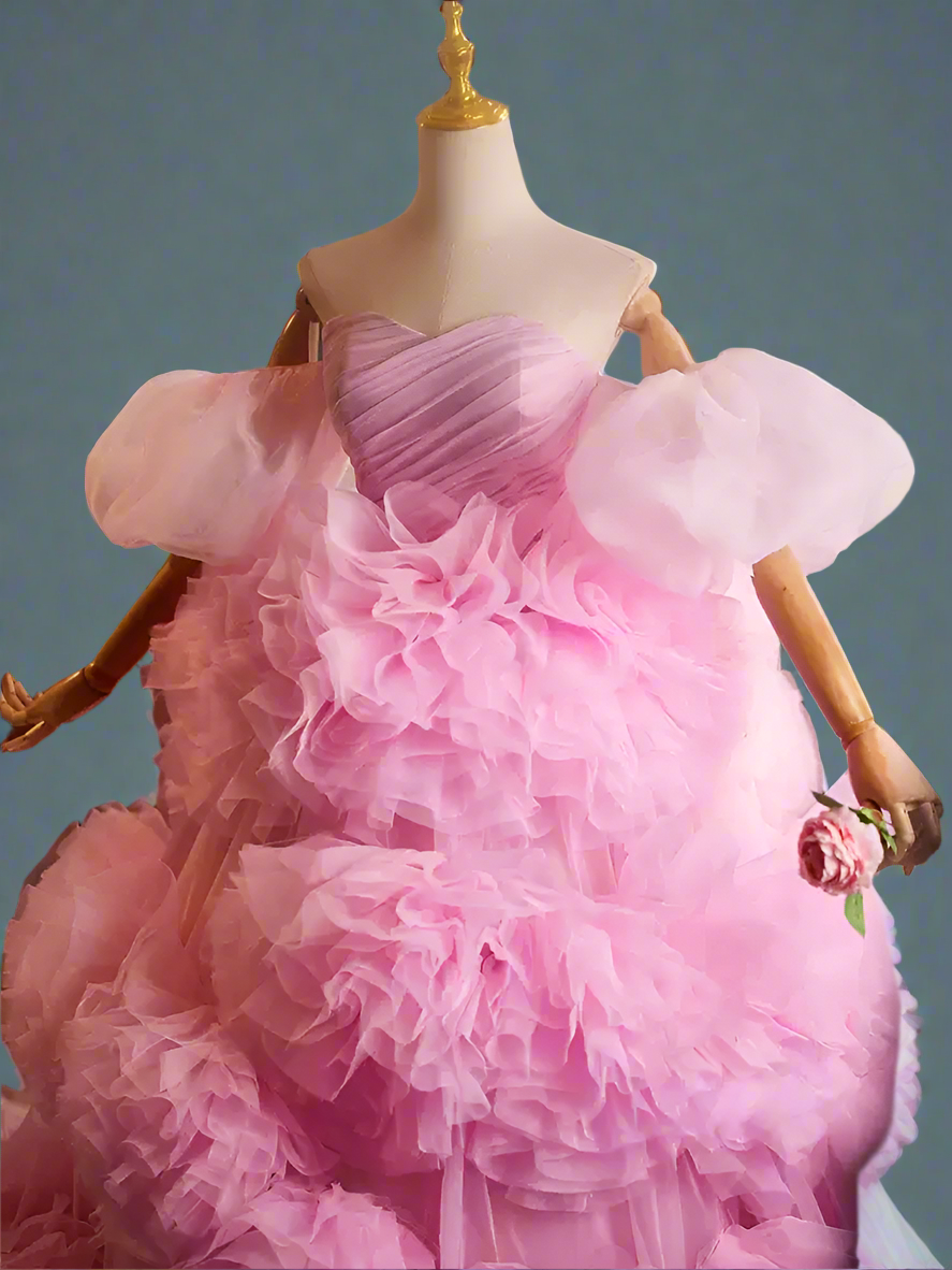 Pink Floral Ball Gown - Corset Tulle Dress - Tiered Floral Tulle Dress - Off Shoulder Wedding Dress Plus Size