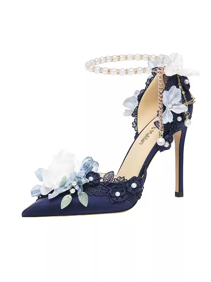 Gothic Bridal Deep Blue Floral Pearl Embellished High Heel Sandals