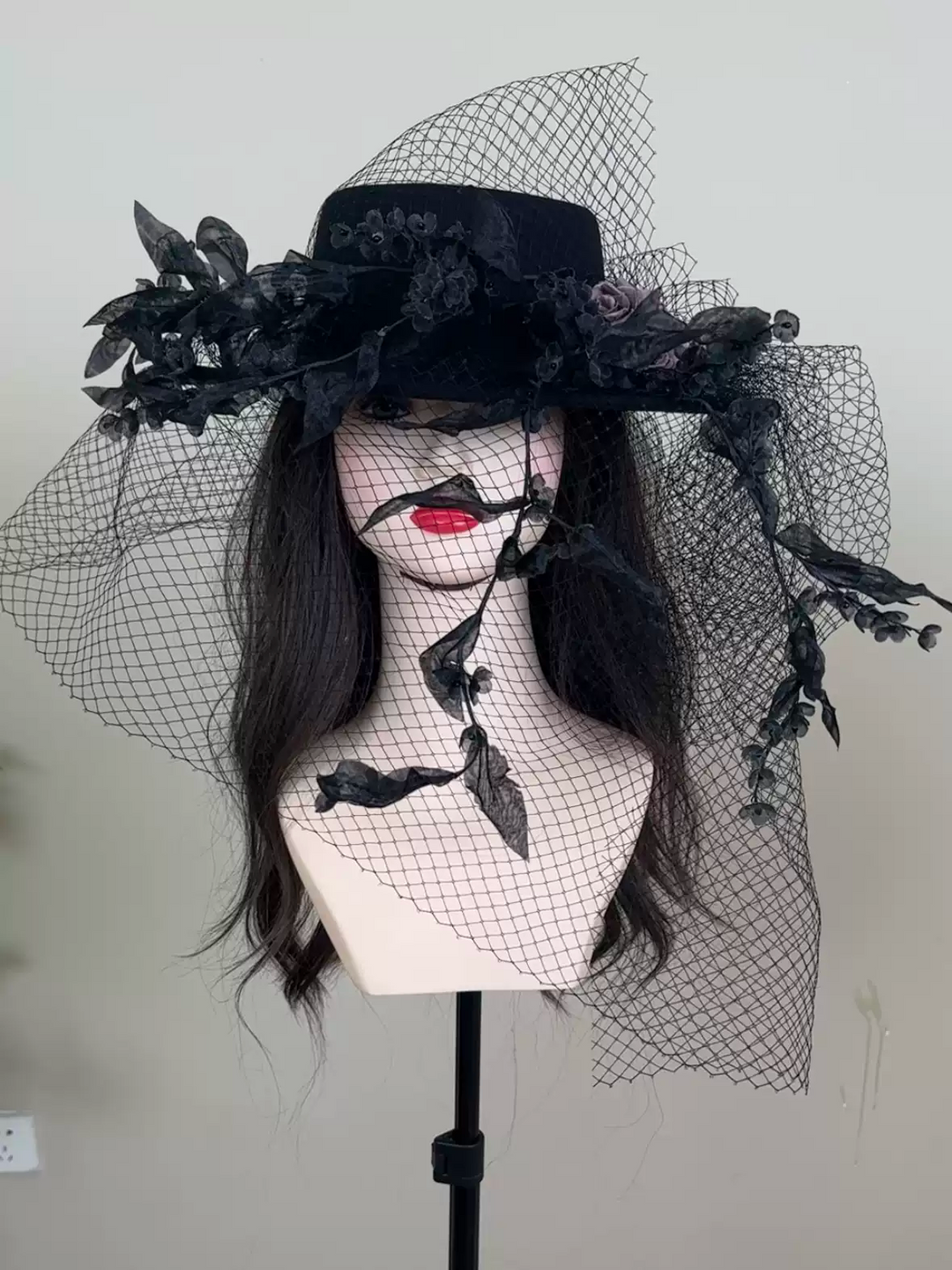 Gothic Black Top Hat with Feather and Floral Accents - Black Hat with Feather and Veil