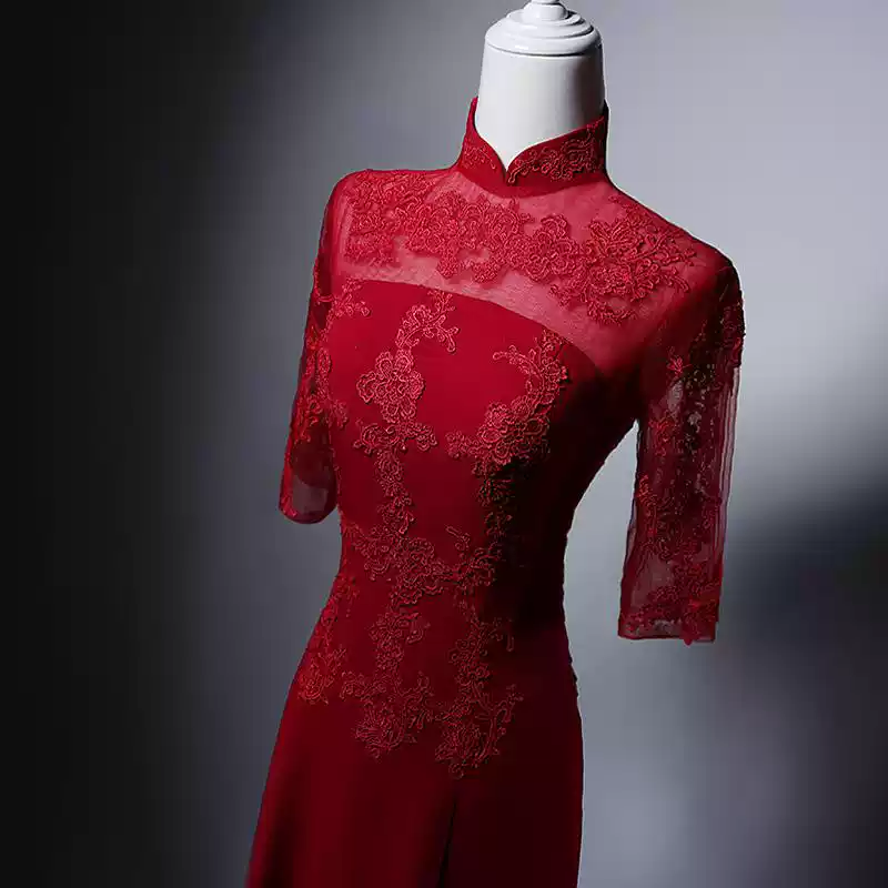 Red Cheongsam Dress with Lace Overlay – Elegant Qipao Dress with Sheer Sleeves and High Neck Custom Order Plus Size