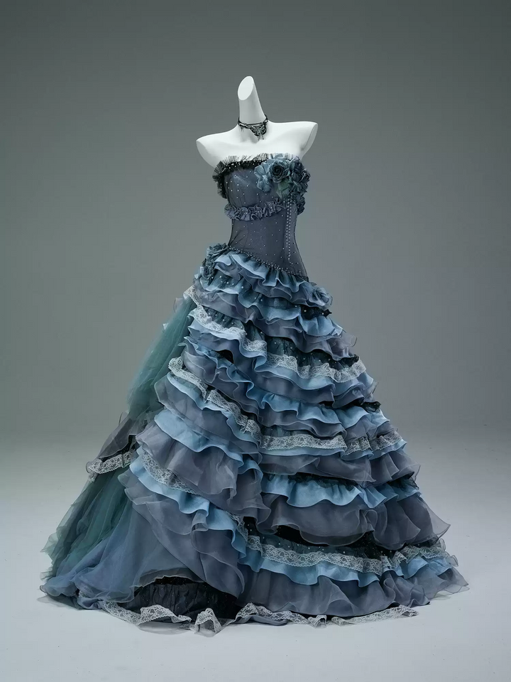 Navy Layered Tulle Ruffle Dress with Corset Bodice – Strapless Evening Dress with Floral Appliqué and Lace Details Plus Size