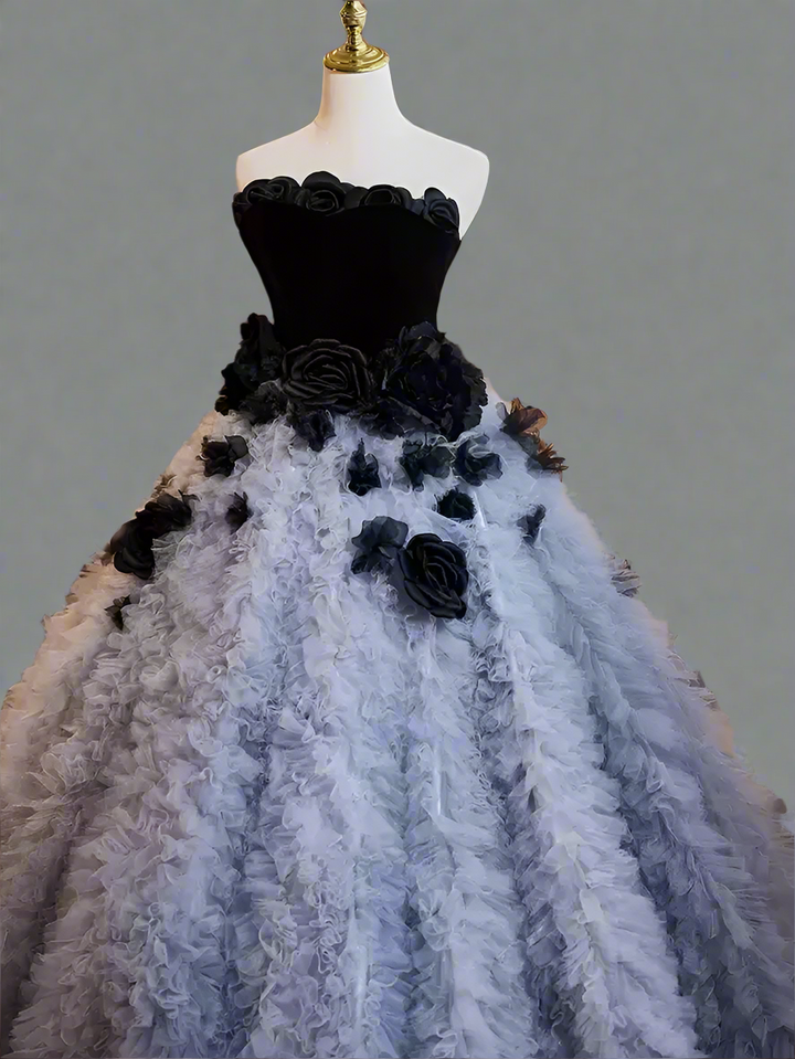 Gothic Black and Grey Ball Gown with Corset Back - Tiered Tulle Dress with Floral Accessories - Layered Tulle Ruffle Dress Plus Size