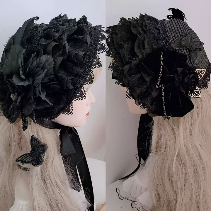 Gothic Black Hat with Dramatic Floral - Lolita Hat with Lace Embellished Cap