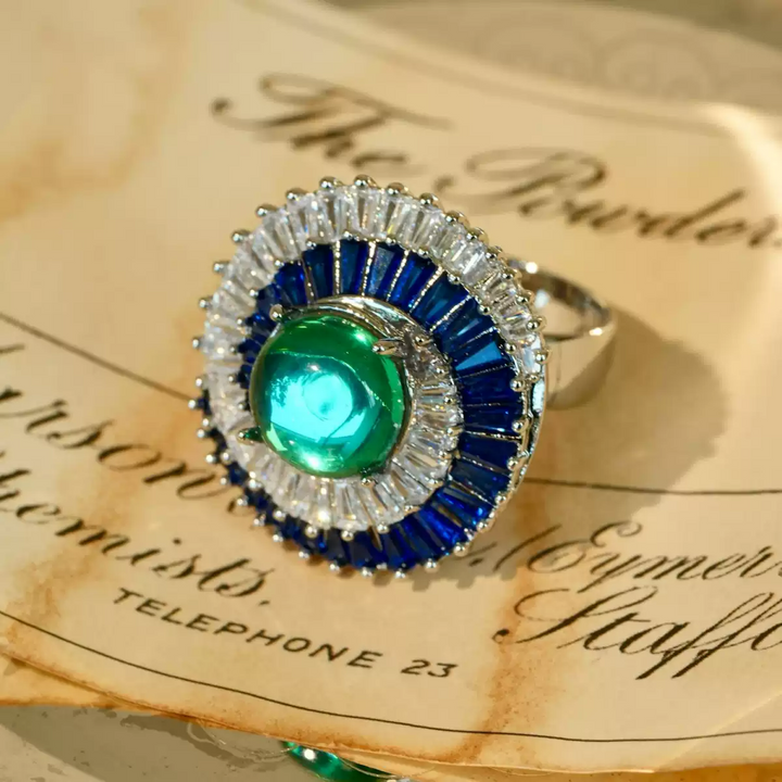 Emerald Tides – Handmade Vintage-Style Green Cabochon Adjustable Ring - Atlantis