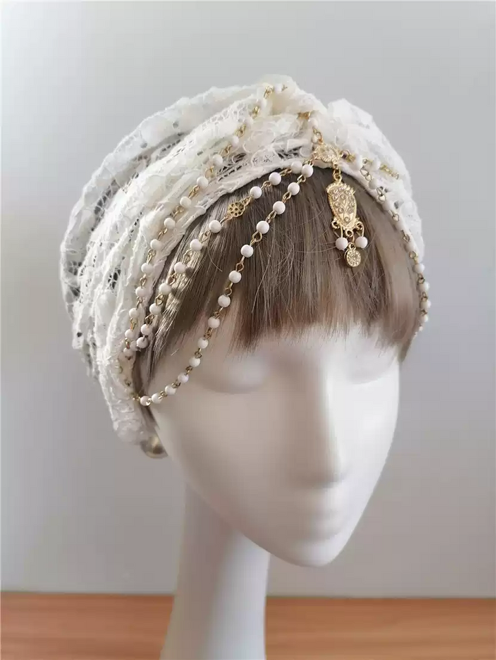 Exquisite Lace Bridal Hat with Pearl Accents - White Lace Bonnet