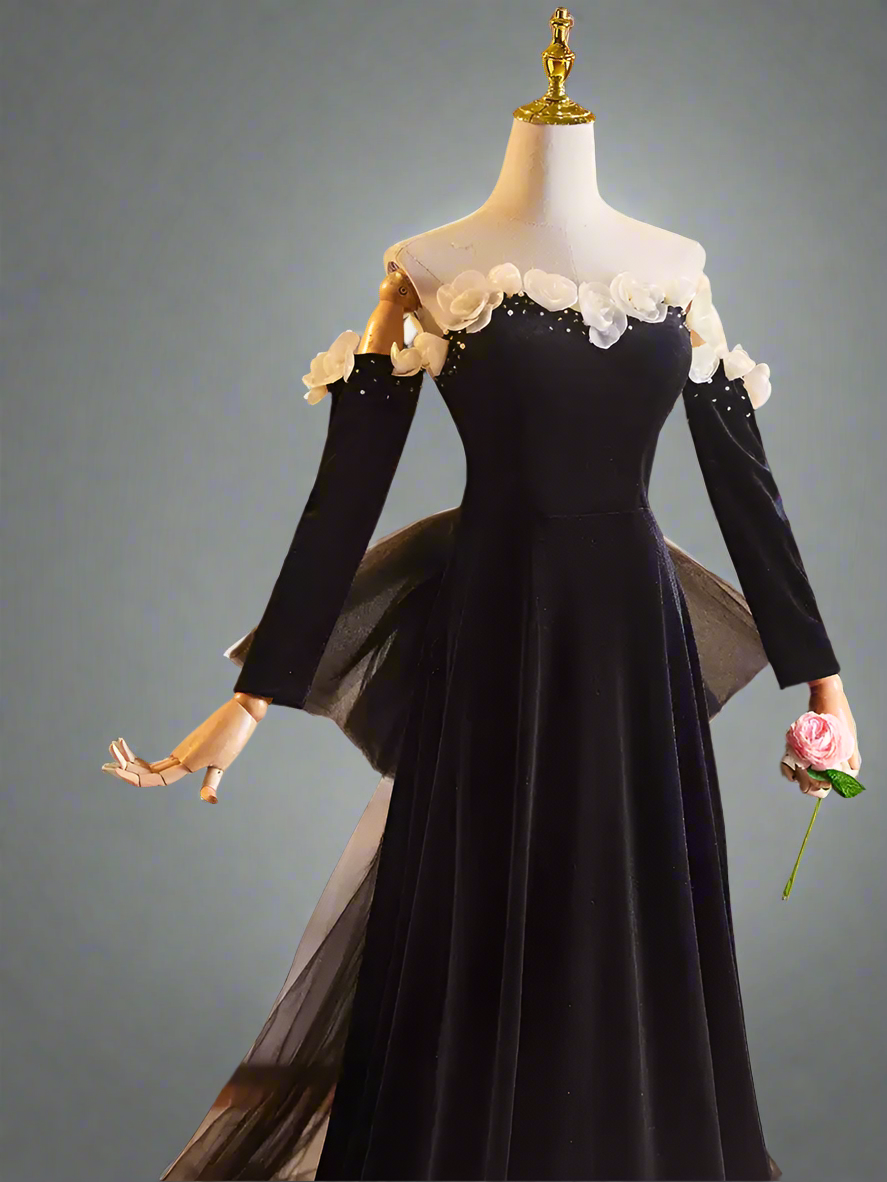 Gothic Black Long Sleeve Evening Dress with Corset Back - Off-the-Shoulder Evening Gown with Flower Accessories and Bow Plus Size