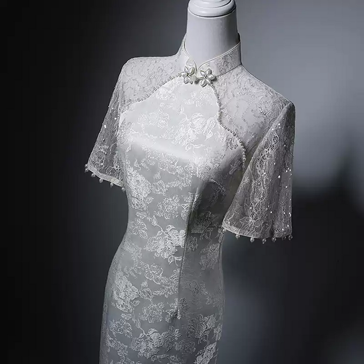 White Cheongsam Dress with Lace Sleeves - Elegant Formal Embroidered Qipao Gown with High Collar Plus Size