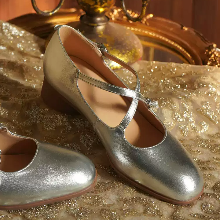 "Moonlit Waltz" – Handmade Vintage Silver Leather Mary Jane Flats