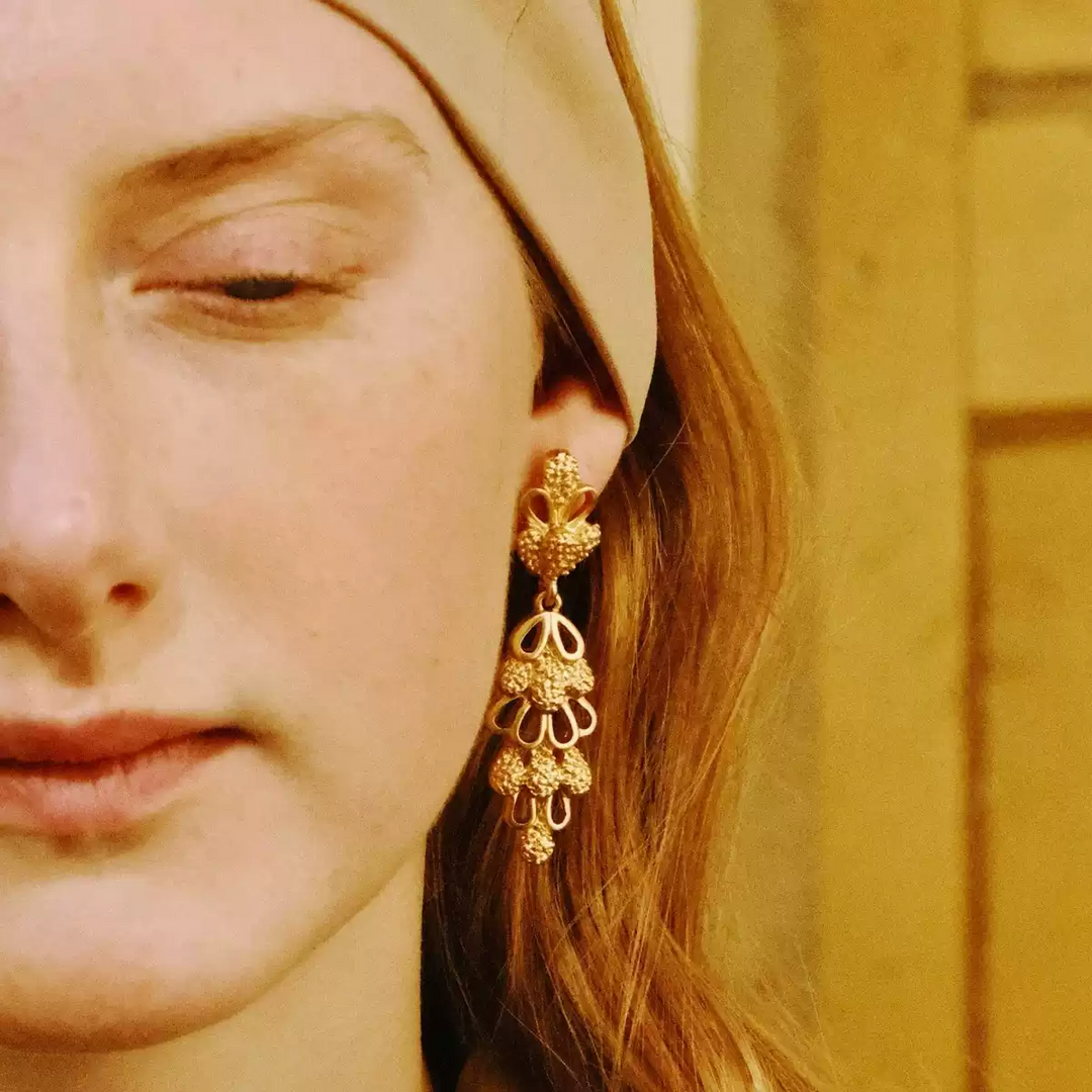 Golden Reverie – Handmade Vintage Filigree Long Drop Earrings – Pinecone