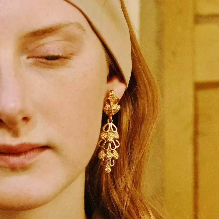 Golden Reverie – Handmade Vintage Filigree Long Drop Earrings – Pinecone