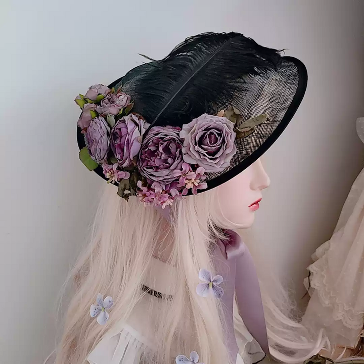 Gothic Black Hat with Purple Floral Embellishments - Lolita Black Hat with Feather