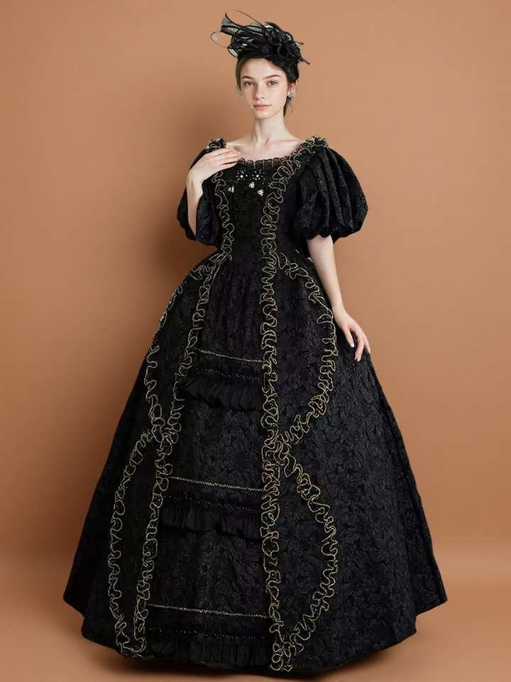 Gothic Victorian Ball Gown in Black Floral Jacquard with Puff Sleeves and Gold Trim – Plus Size